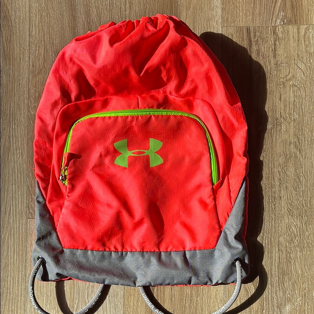 Under Armour Bright Orange and Gray Drawstring Backpack with Lime Green accents
